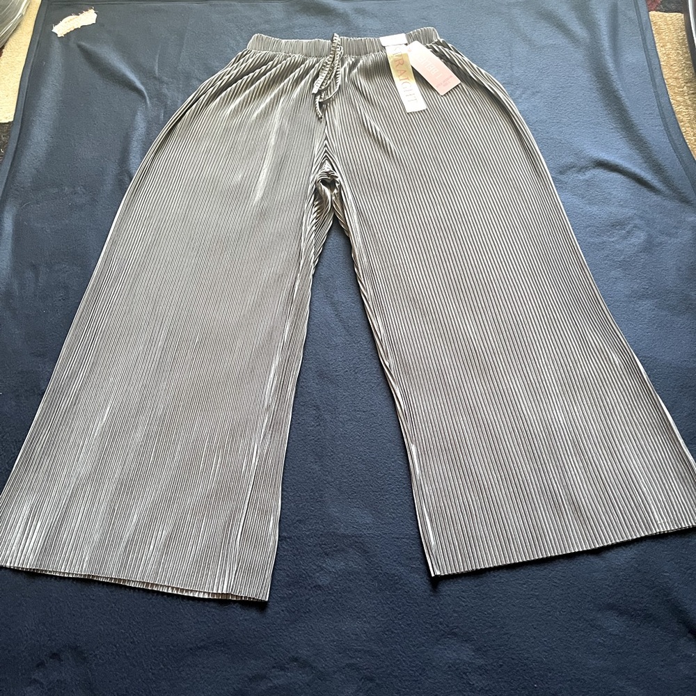 Pleated pants wide-leg silver metallic. Drawstring stretchy waist. Size L - Picture 3 of 12